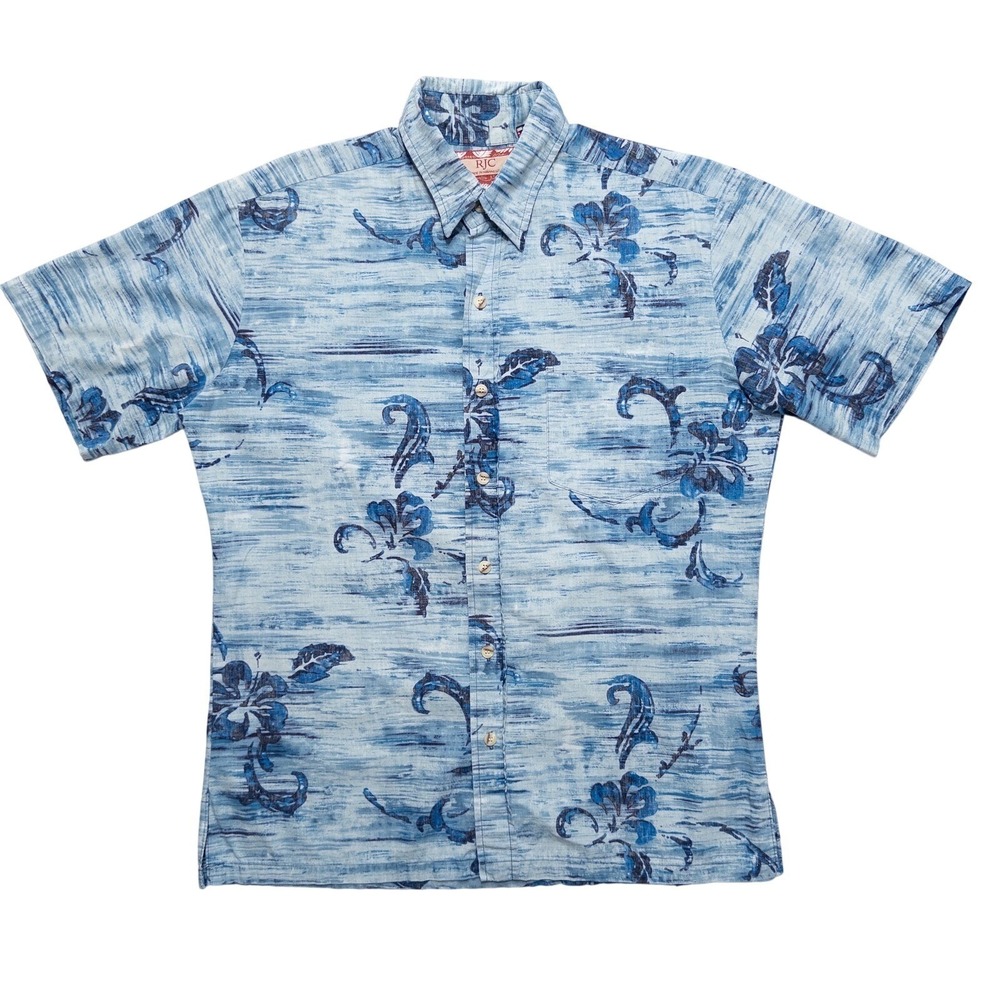 RJC Hawaiian Aloha Shirt Men's‎ Medium Made in Hawaii Blue Floral Short Sleeve